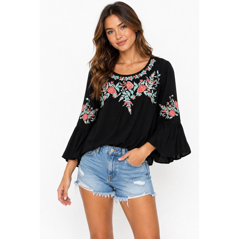 Solitaire Embroidered Floral Peasant Blouse Black Rayon Bell Sleeve Size S